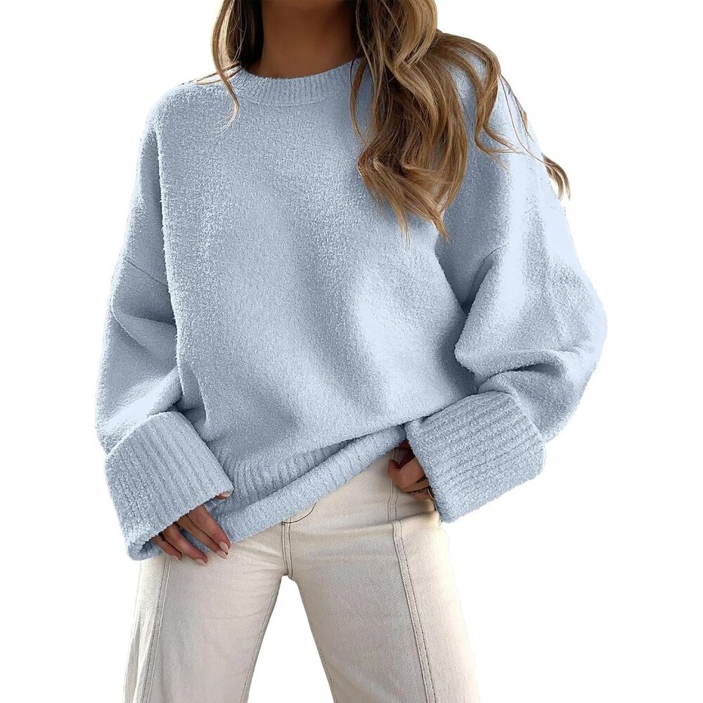Women's Oversized Sweater Fuzzy Light Blue Long Sleeve Casual Chunky Pullover